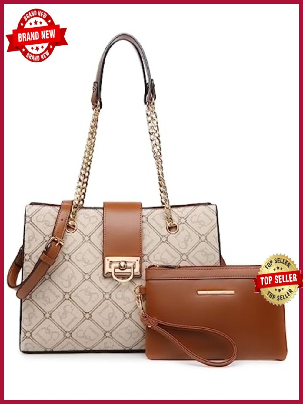 Vegan Leather Satchel Tote Hobo Bag with Matching Clutch